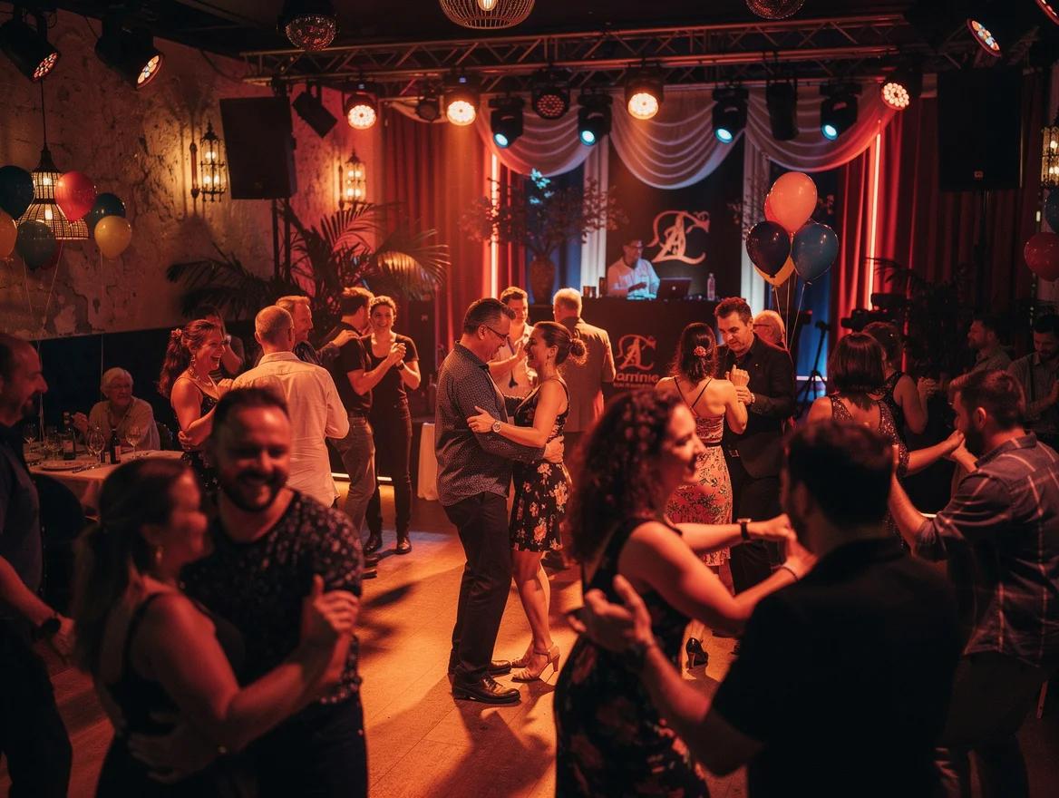 A latin DJ lights up a packed, dancing party floor.