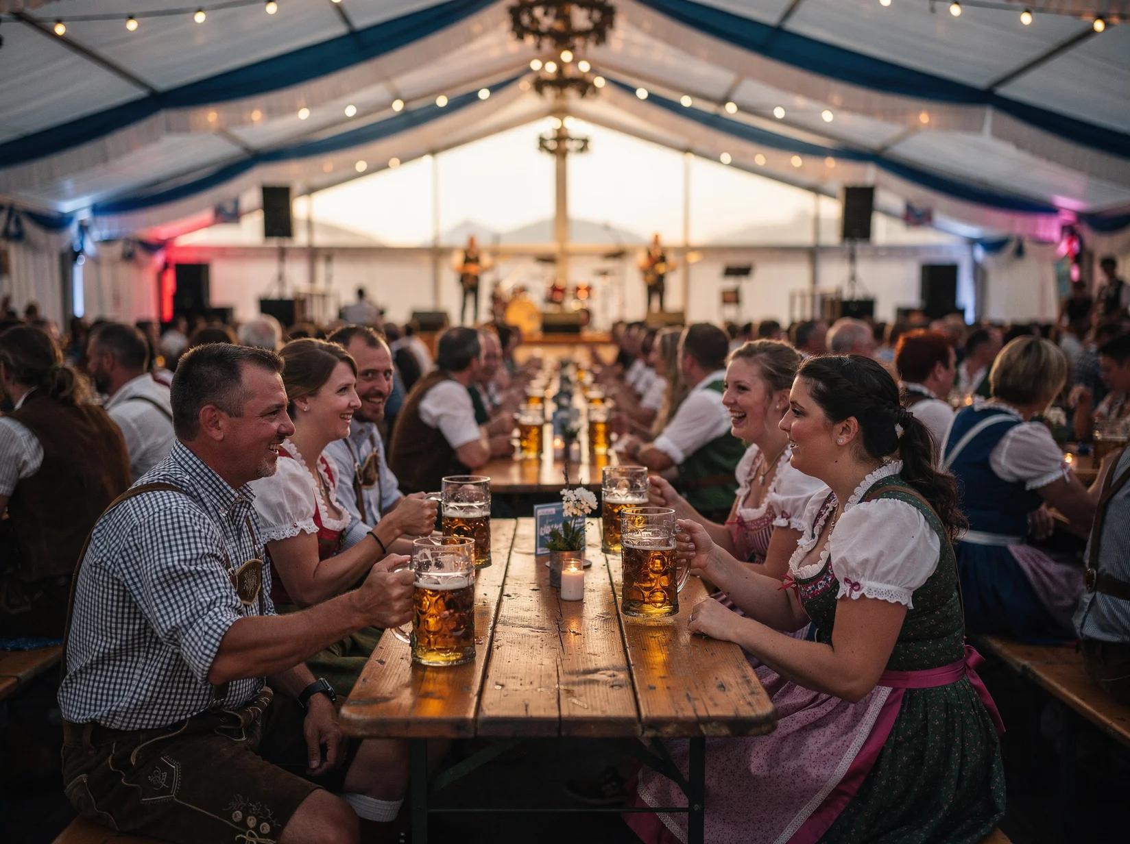 Afternoon beer tent crowd in traditional dress enjoying music before the evening Oktoberfest DJ set begins