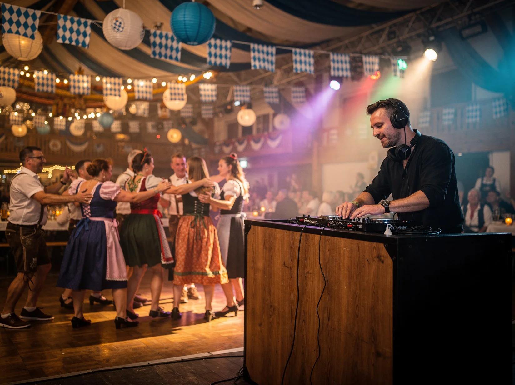 Oktoberfest DJ achter de booth terwijl een zaal vol mensen in dirndl en lederhosen danst in een Beierse biertent