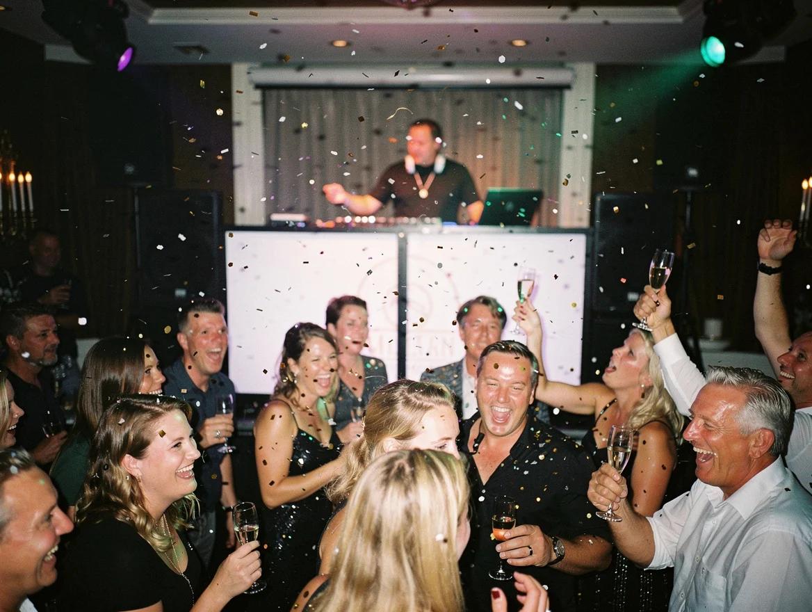 Partying crowd with confetti and champagne at a New Year's Eve party while the DJ plays