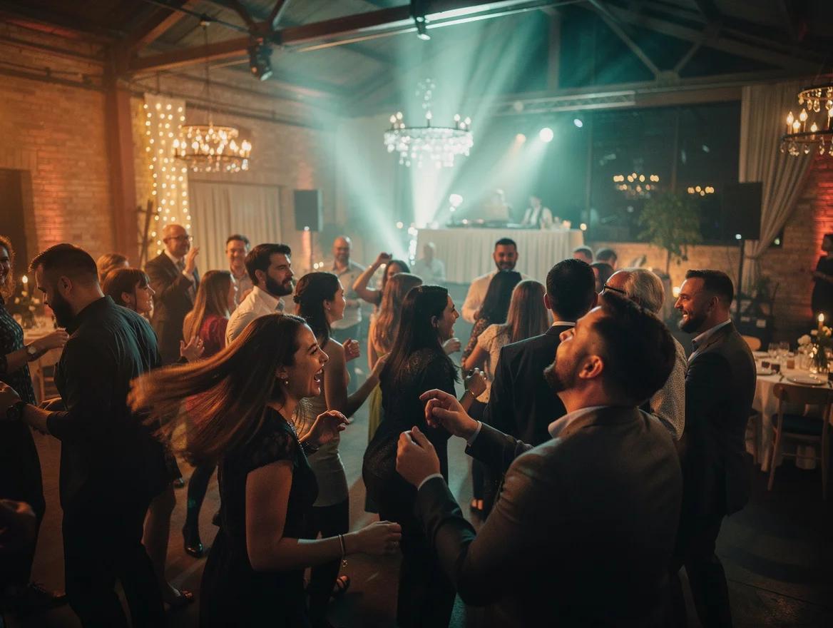 Dansende collega's met echte energie op een personeelsfeest waar de DJ het hele team op de vloer krijgt.