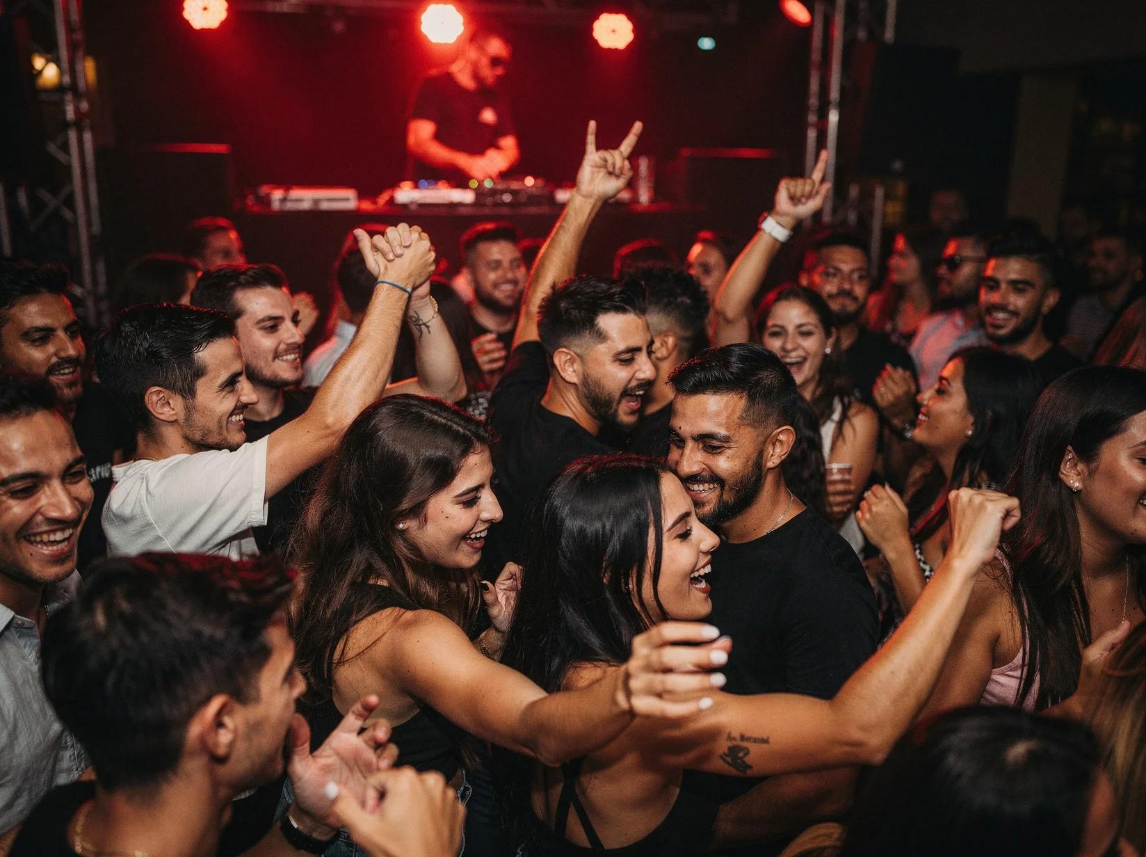 Diverse crowd dancing with energy as a reggaeton DJ keeps the floor moving in a dim club