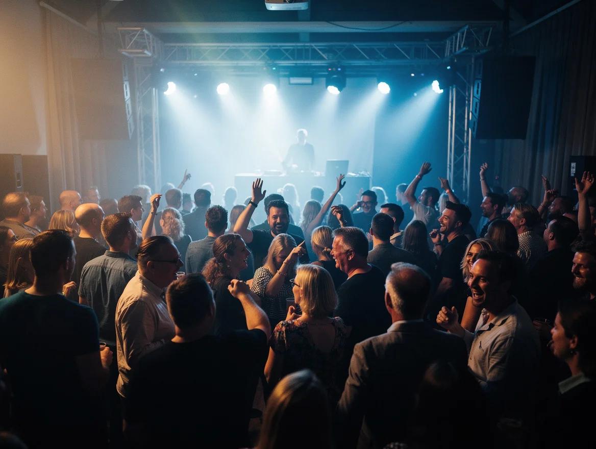 Een techno-DJ zet een volle, dansende feestvloer neer.