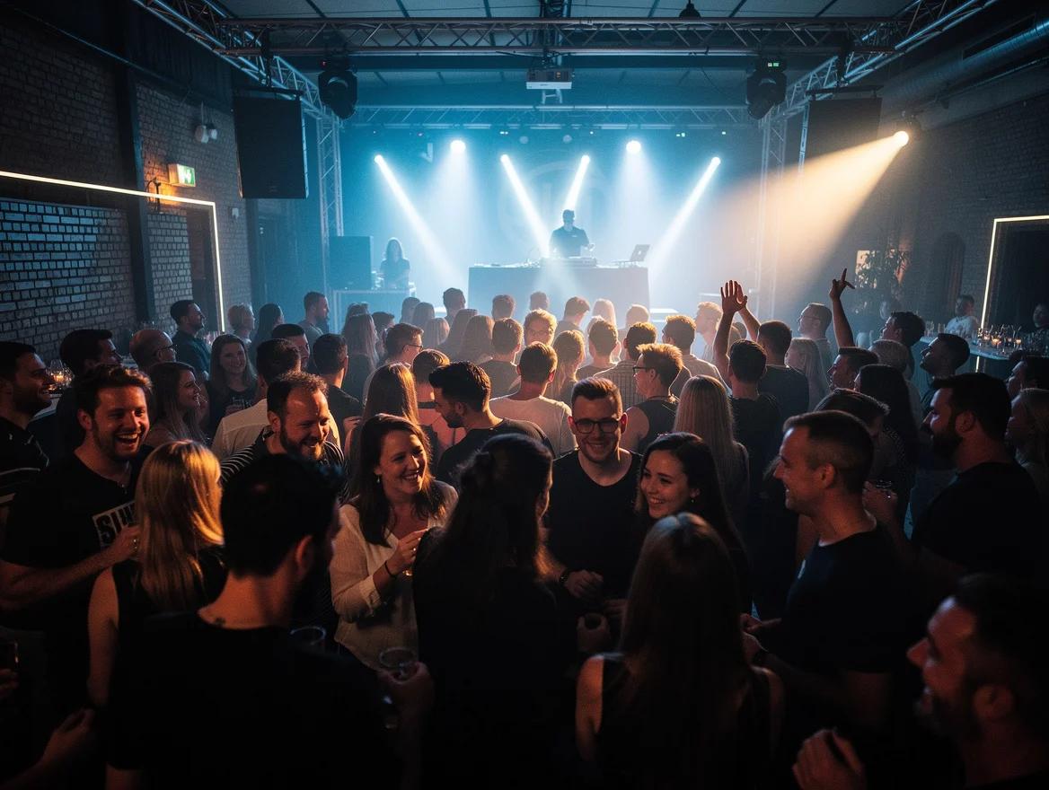 A techno DJ lights up a packed, dancing party floor.