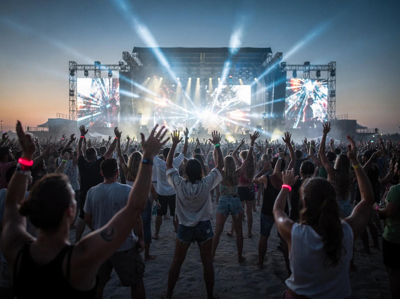 Large crowd at a Dutch beach festival dancing to a trance DJ under blue stage lights at dusk