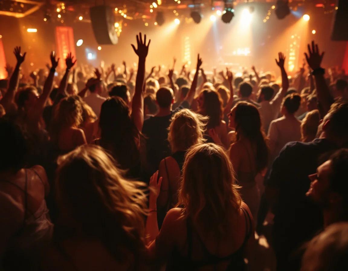 Energieke verjaardagsfeest met DJ en dansend publiek onder warm geel licht en professionele spotlights.