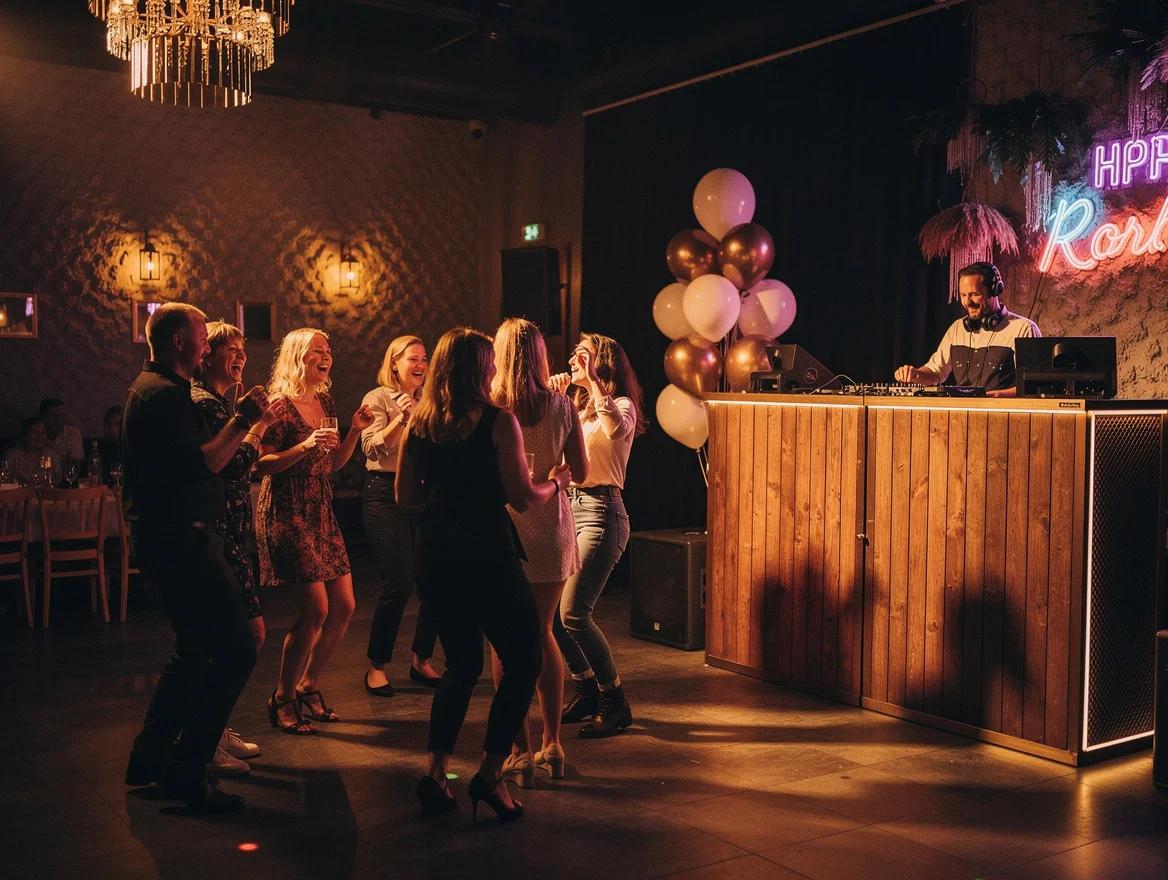 Gezellige verjaardagslocatie met sfeerverlichting, ballonnen en een DJ-opstelling in de hoek van de zaal