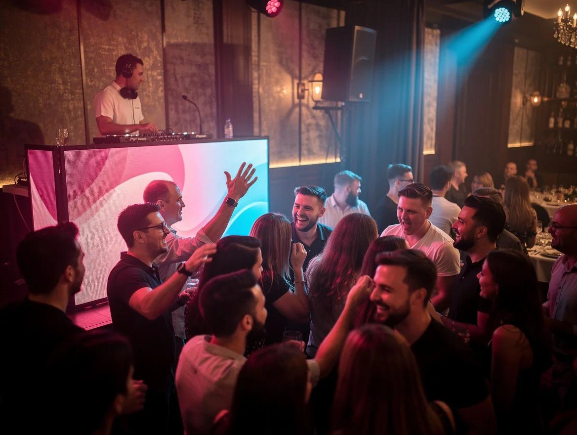 Volle dansvloer op een verjaardagsfeest met een DJ achter zijn draaitafel en gekleurde lichten