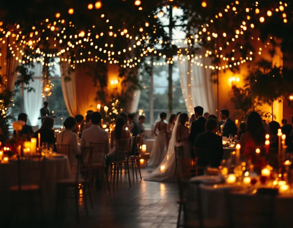 Romantic wedding reception venue illuminated by golden string lights and candles, perfect for booking a wedding DJ for an elegant celebration.